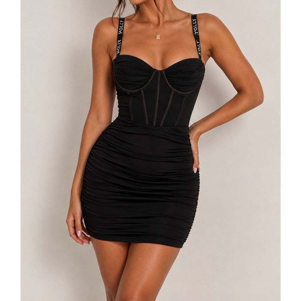 Oh Polly Black Ruched Corset Mini Dress US 2 Bodycon Bustier Party